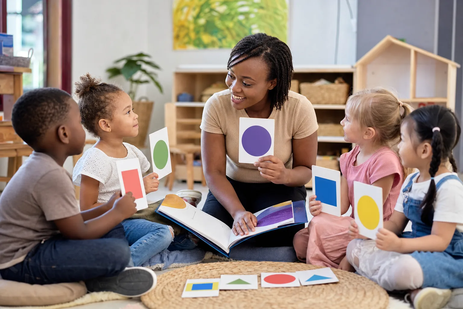 Des enfants découvrent l'anglais avec leur enseignante à travers le jeu