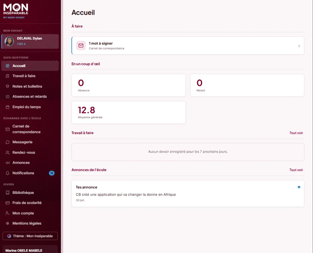 Espace parent de l'application Mon Inséparable : carnet de correspondance, notes, absences et emploi du temps